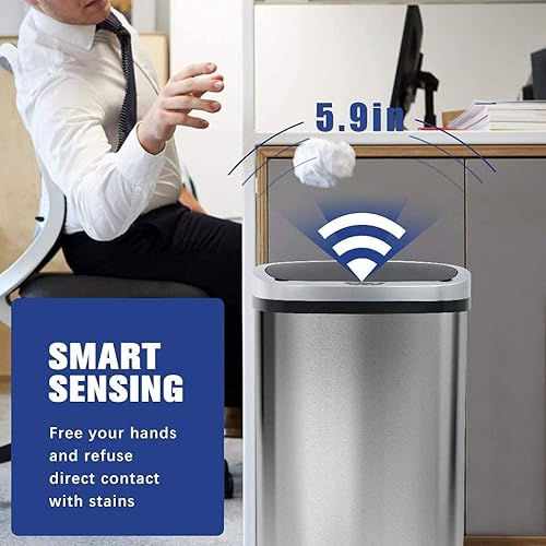 Miniatura 2 de HHS Basurero de cocina con tapa, de 13 galones, de acero inoxidable, automático, de 50 litros, para dormitorio, oficina en casa, sin tacto, de alta