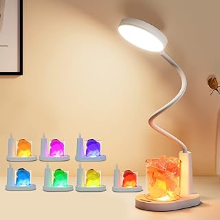 YAMYONE LED Table Lamp with RGB Salt Crystal Rocks, Battery Rechargeable 3 Colors Dimmable Eye-Caring Bedside Lamp, 360° Flexible Gooseneck with Night Light Desk Lamp for Home Study Work Bedroom
