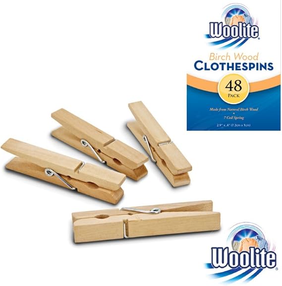 Woolite Extra Large Wooden 100 Pack Clothespins| Dimensions: 0.4 x 0.43 x 3.25 inches & 48 Count Birch Wood Clothespins, Natural