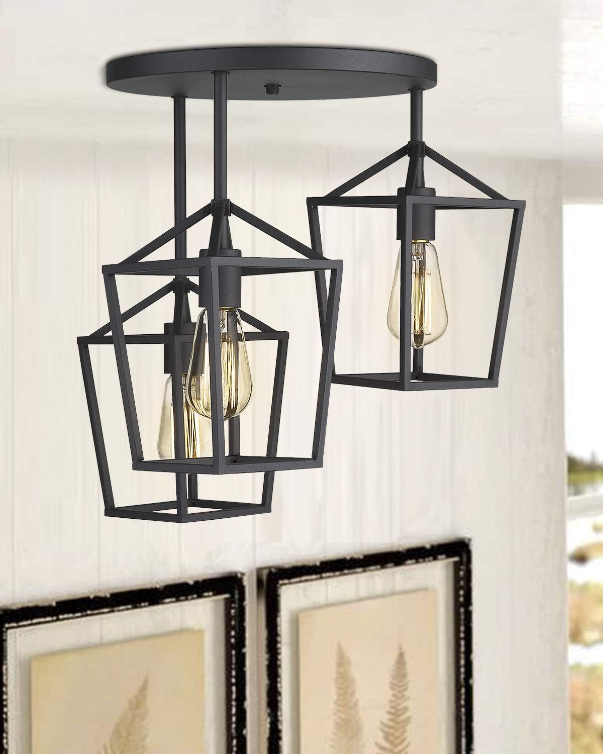 Emliviar 3-Light Ceiling Light, Semi-Flush Mount Light Fixture with Metal Cage in Black Finish, 20065D2-3 BK