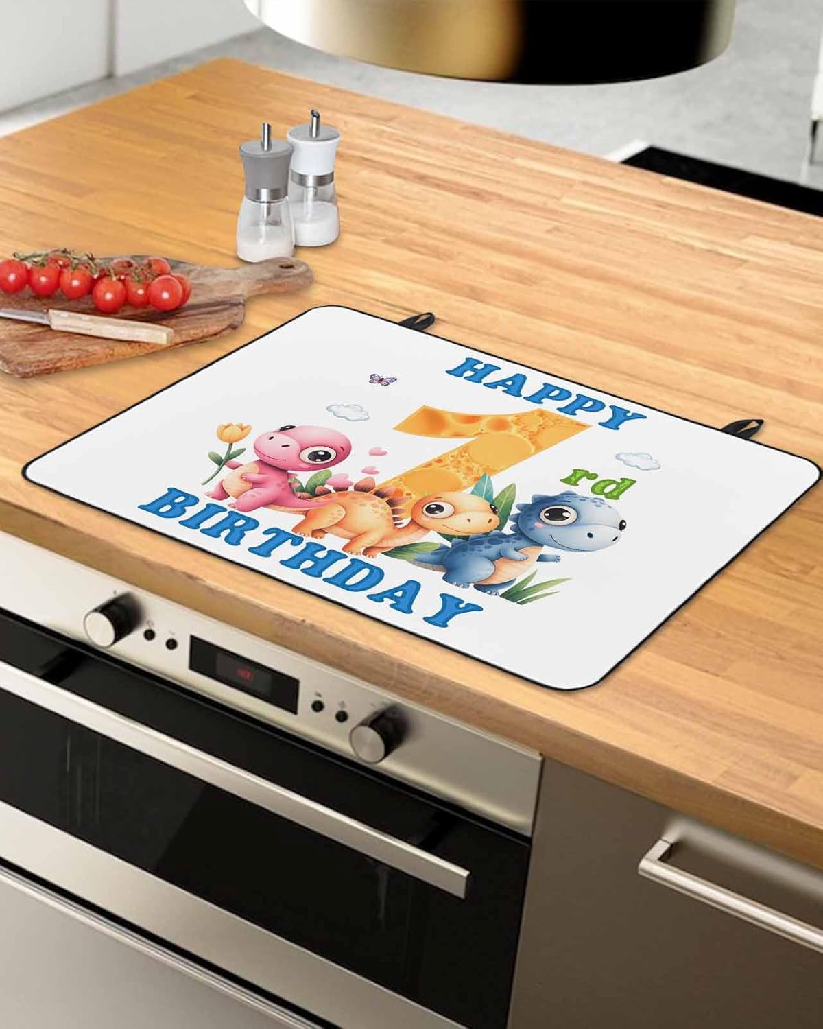 Happy 1rd Birthday Stove Top Cover for Electric Stove,Cartoon Cute Pink Yellow Blue Dinosaurs Floral Heat-proof & Non Slip Glass Top Stove Protector Kitchen Flat Cooktop Rubber Mat 28.5x20.5 Inches