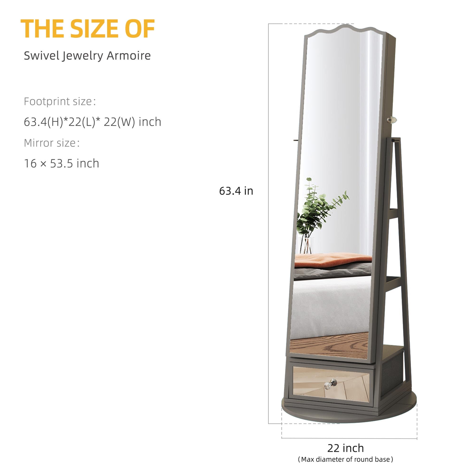 MGCC 360° Swivel jewelry armoire with LED Light, Lockable Jewelry Organizer with Full-Length Mirror,Jewelry Cabinet Floor Standing Mirror with Storage Shelves for Bedroom, Cloakroom