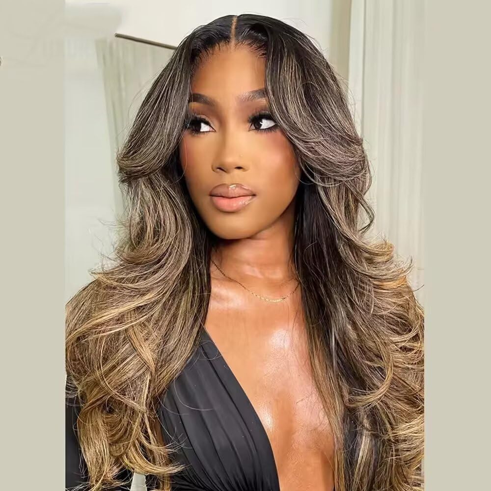180 Density Ombre Caramel Brown Highlights Blow-Out Looks Wave Invisible 13x4 HD Transparent Lace Front Human Hair Wigs With Bleached Knots Baby Hair Brazilian Remy Balayage Colored for Women