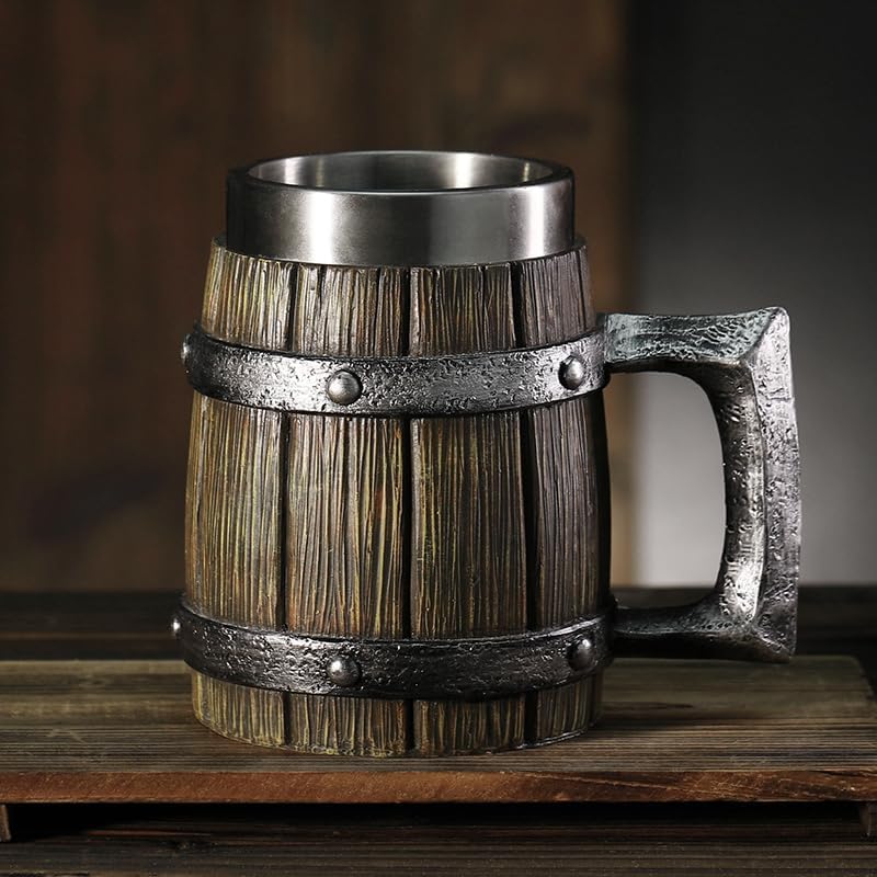 Miniatura 3 de Viking - Jarra de barril de madera creativa pintada a mano, jarra de cerveza de resina pintada a mano, taza de café 304 SS Liner Copa de vino hecha