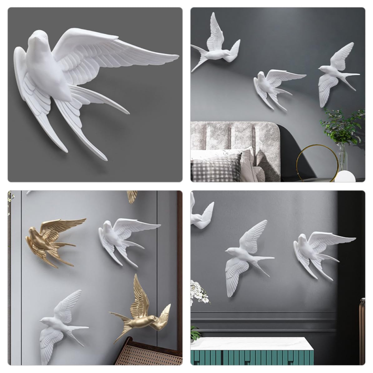 Decorazioni da Muro 2 Uccelli Rondine in Resina Bianca, Texture Realistica e Facile da Pulire, per Decorare Soggiorno o Esterno Design Moderno e Rustico