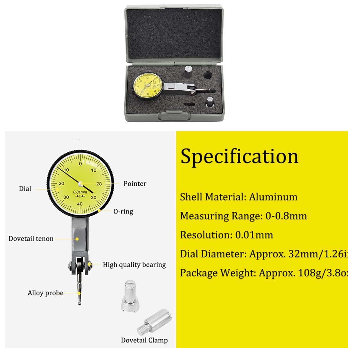CNC Dial Test Indicator .0001 Test Indicator 1 4 Collet Aluminum 0 0.8Mm 0.01Mm Metric Dovetail Rails Dial Test Indicator Dial