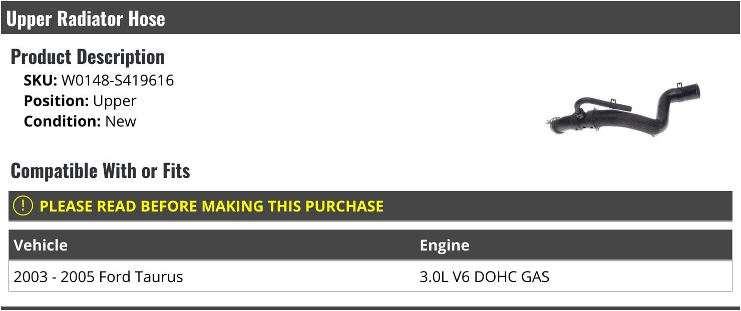 Marketplace Auto Parts Upper Radiator Hose - Compatible with 2003-2005 Ford Taurus 3.0L V6 DOHC GAS