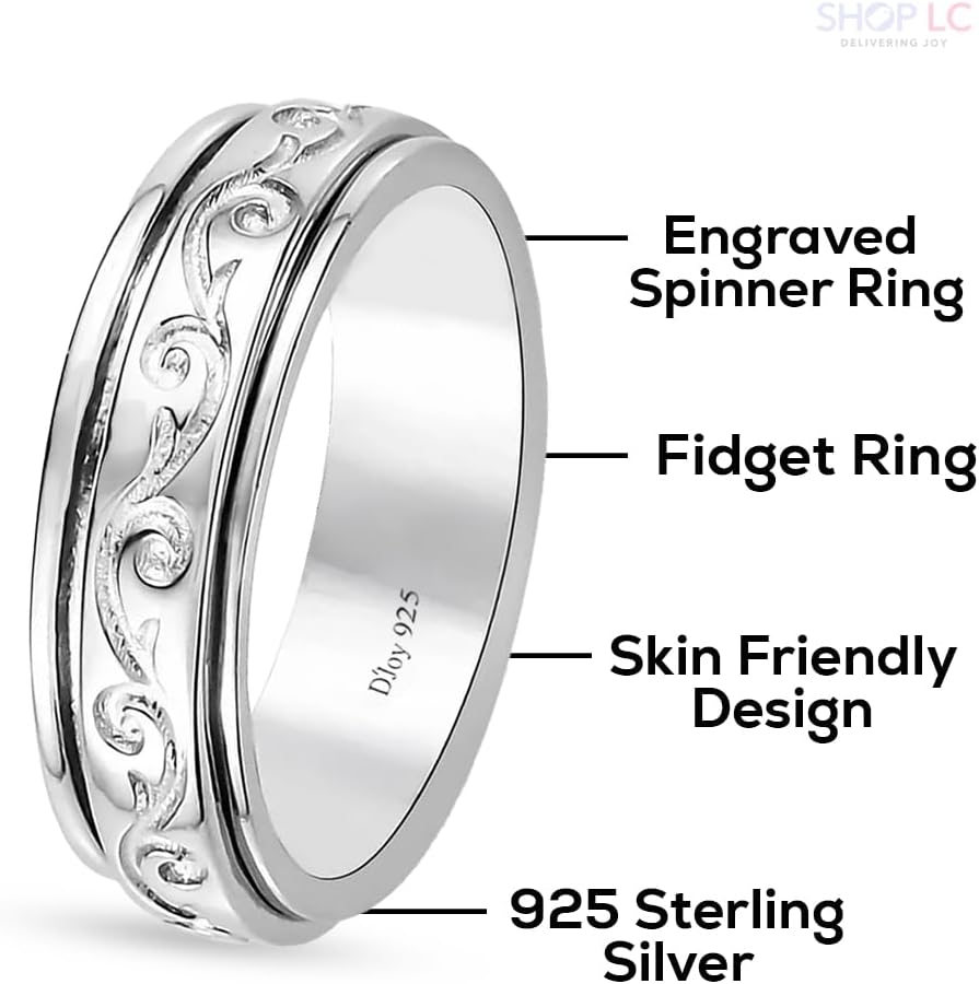 Shop LC 925 Sterling Silver Spinner Fidget Ring for Women Men | Anxiety Ring | Moon Star Design | Platinum Plated | Stress Relief Worry | Promise | Boho Jewelry Gift