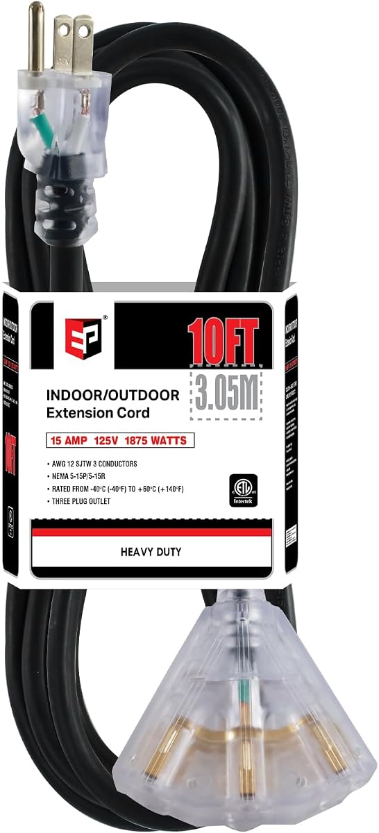 Cable de extensión para exteriores EP de 10 pies, 12/3 SJTW, 3 tomas de corriente eléctrica, negro | Cable eléctrico iluminado resistente del calibre 12 15A 125V 1875W, 3 mercados, resistente a la intemperie, listado ETL