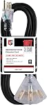 EP 15 Ft Outdoor Extension Cord,12/3 SJTW,3 Electrical Power Outlets,Black | 12 Gauge Heavy Duty Lighted Power Cord 15A 125V 1875W,3 Outlet,Weatherproof,ETL Listed