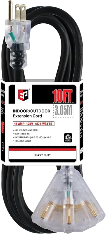 Cable de extensión para exteriores EP de 10 pies, 12/3 SJTW, 3 tomas de corriente eléctrica, negro | Cable eléctrico iluminado resistente del calibre 12 15A 125V 1875W, 3 mercados, resistente a la intemperie, listado ETL