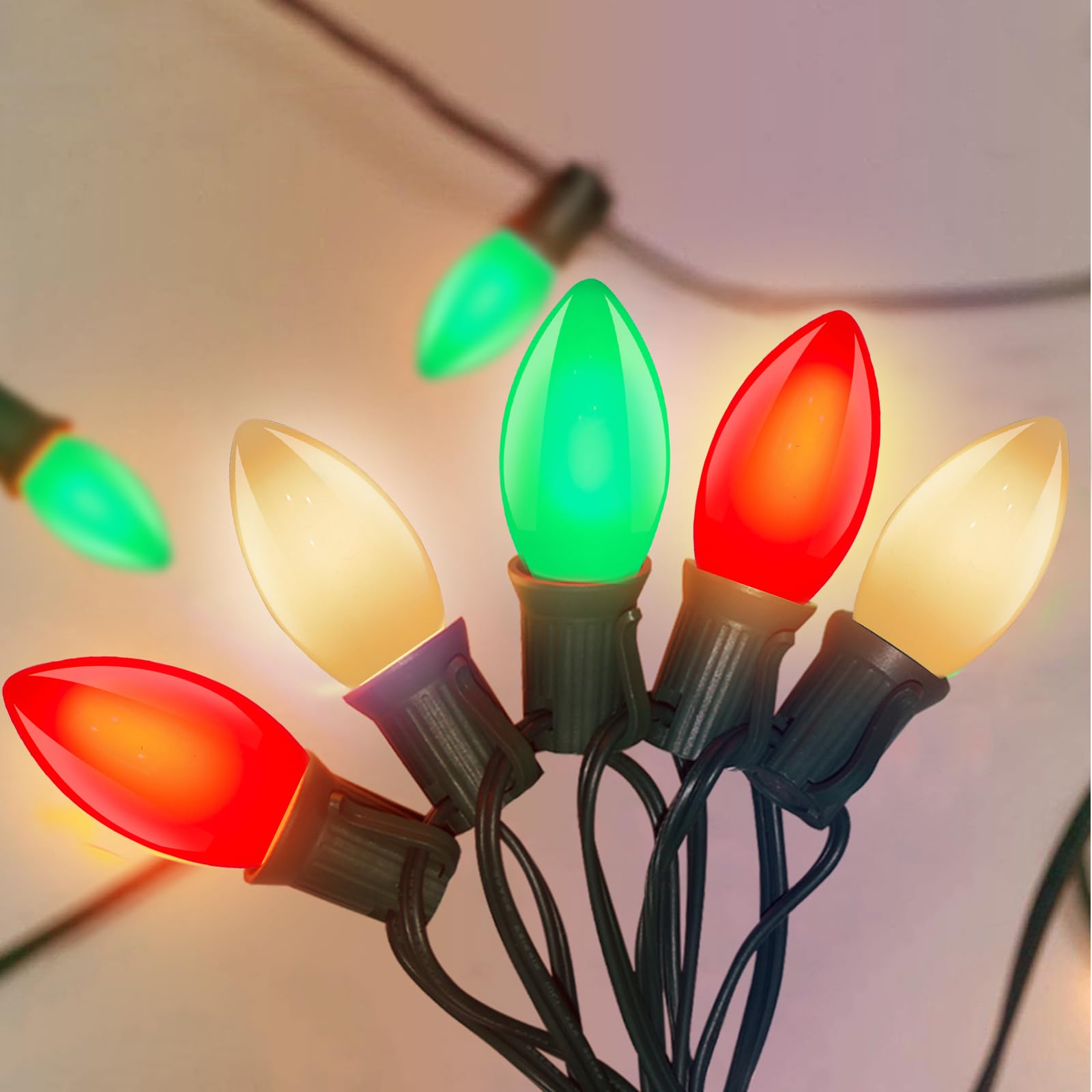 C9 Red White and Green Christmas Lights Outdoor, 25Ft Vintage Christmas String Lights with 26 Multicolor Ceramic Bulbs, Hanging Christmas Decorations Lights Waterproof for Holidays Roofline Party