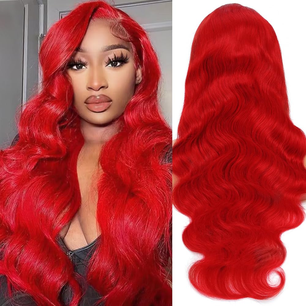 Loyom Red Lace Front Wigs Human Hair 13x4 Glueless Wigs Human Hair Pre Plucked Colored Body Wave Red Frontal Wig 200 Density HD Transparent Lace Front