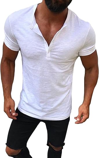 Maiyifu-GJ Mens Casual Basic Fashion T Shirts Front Placket Short Sleeve Lightweight Cotton V-Neck Tops White,XX-Large