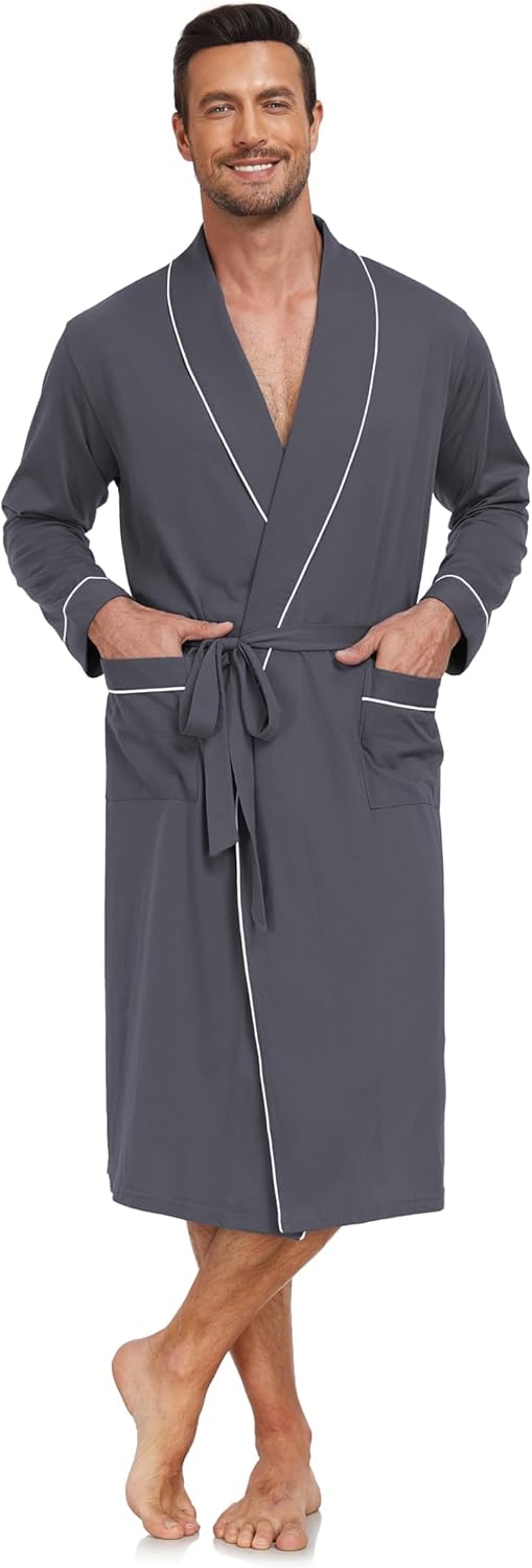 COLORFULLEAF Men's 100% Cotton Robe Soft Zipper Bathrobes Short Sleeve Summer Kimono House Coat with Pockets - Image 3