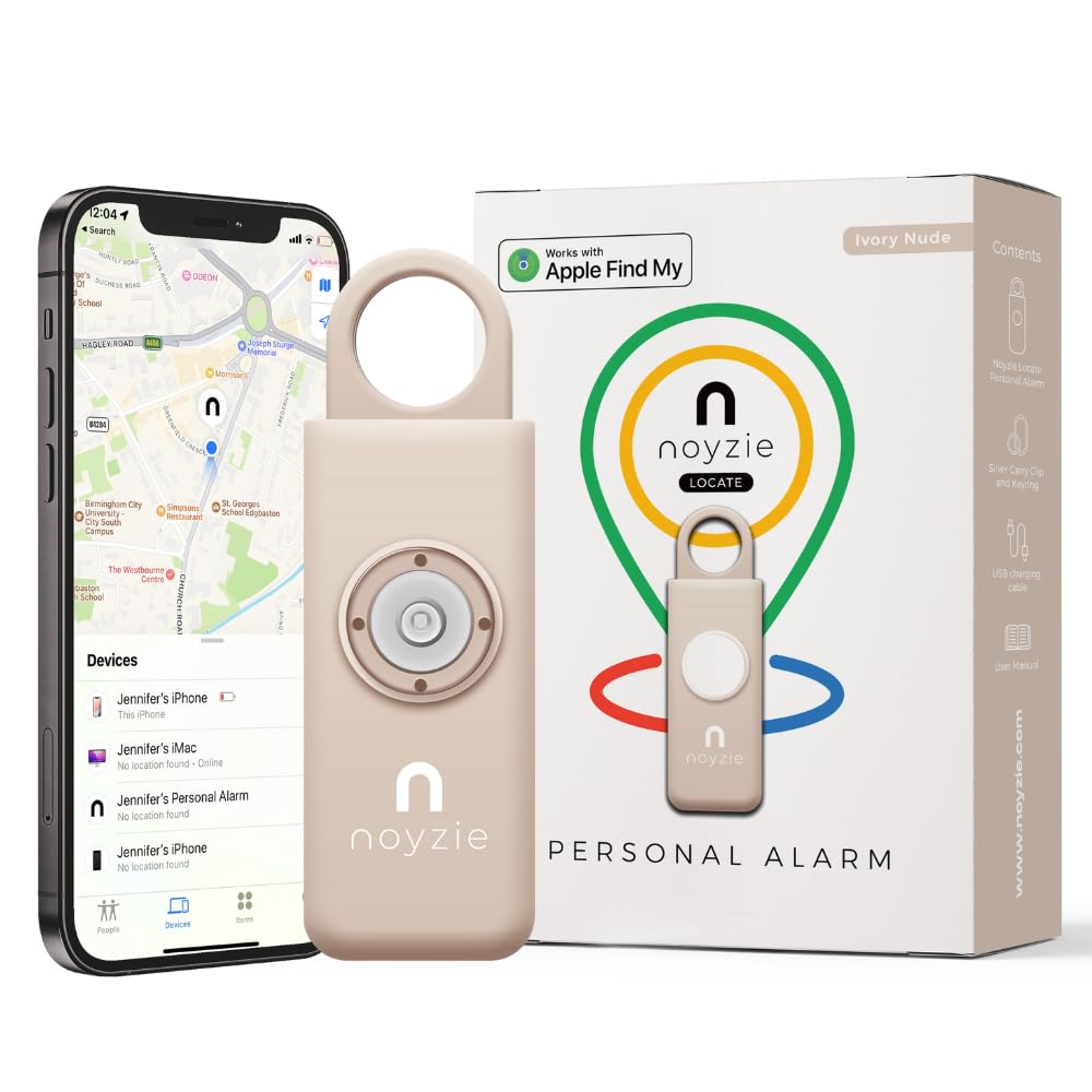 Personal Alarm for Women with GPS Tracker — Self Defence Keychain with Siren, Works with Apple Find My App, 130dB Loud Safety Alarm Sound, USB Rechargeable Bluetooth Key Finder (Ivory Nude)