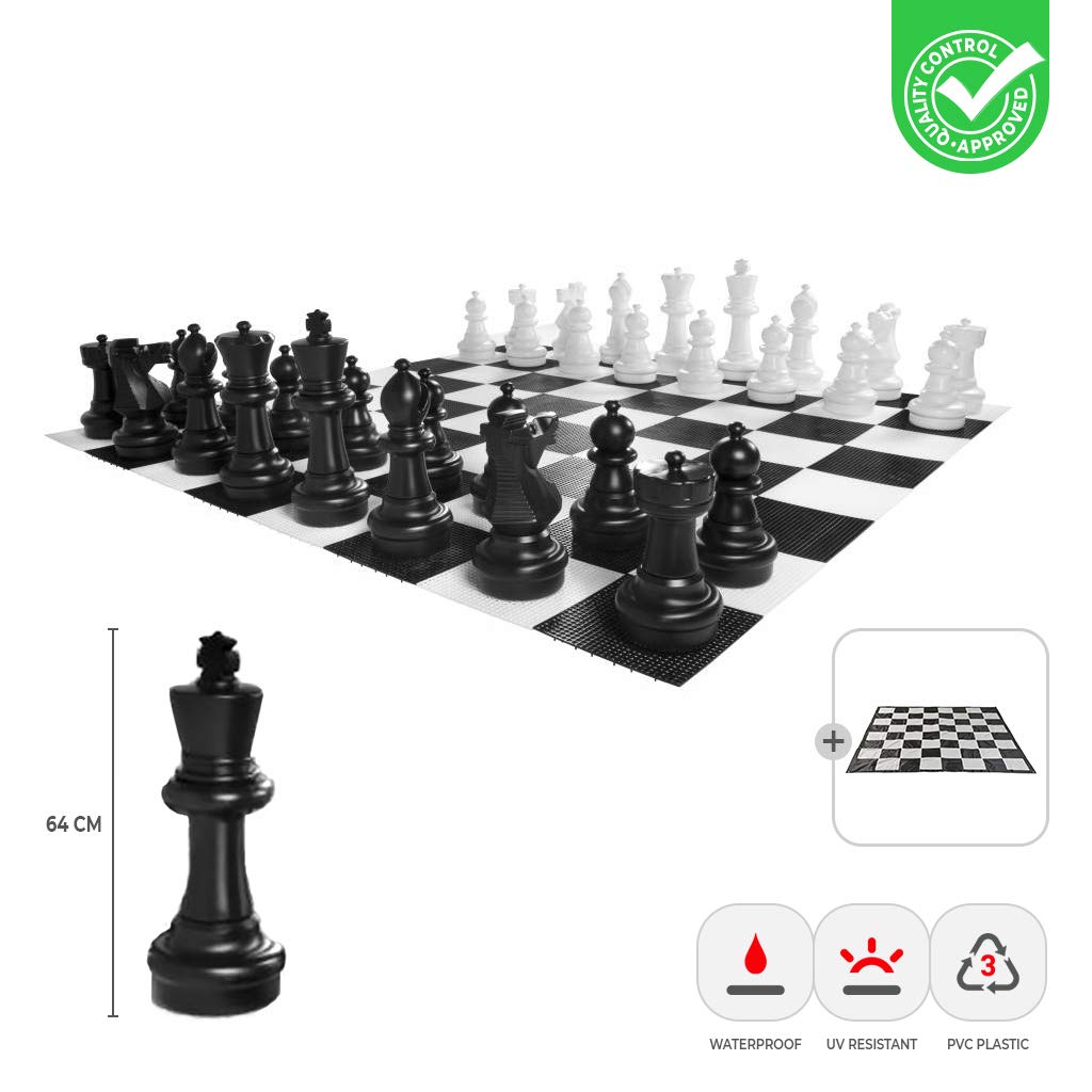 Ubergames - Ajedrez de jardín XXL, figuras de ajedrez giga de hasta 64 cm, resistente al agua y a los rayos UV, figuras de ajedrez + alfombra, 240 x 240 cm, 2 jugadores a partir de 14 años