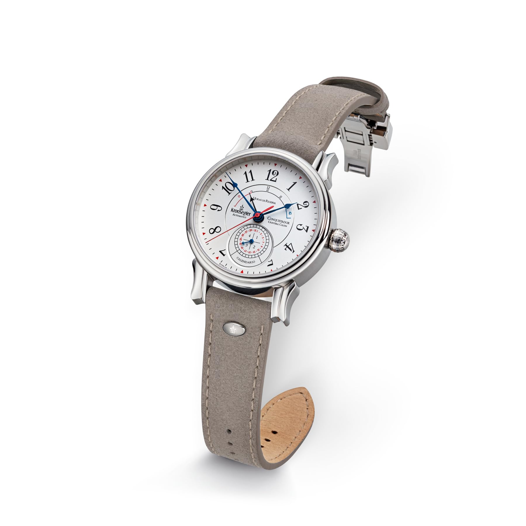 Kronsegler Conquistador Stahl - Weiß | Automatik Herrenuhr mit Gangreserveanzeige | Saphirglas, Zeigerdatum, Lederband, Faltschließe