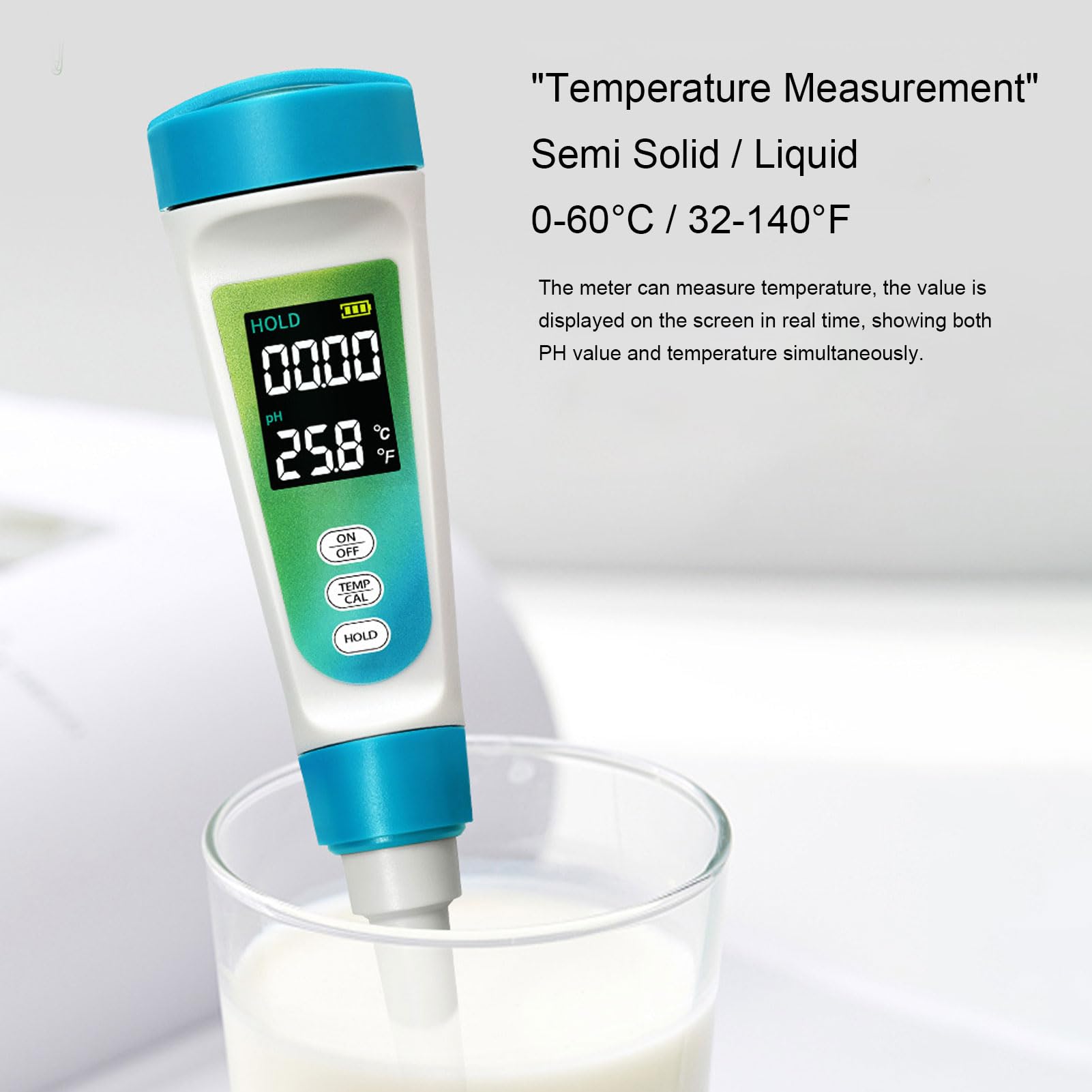 Probador de PH, Rango de Medición de PH de Alta Precisión de 0 a 14 Medidor de PH de Temperatura 2 en 1 con Función ATC, para Queso, Carne, Fruta, Masa Alimenticia