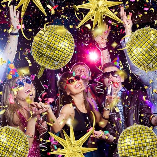 Image of 7Pcs 22Inch Golden Disco Ball Balloons - 4D Large Foil Balloons with Metallic Star for 70s Disco Dance Birthday Party