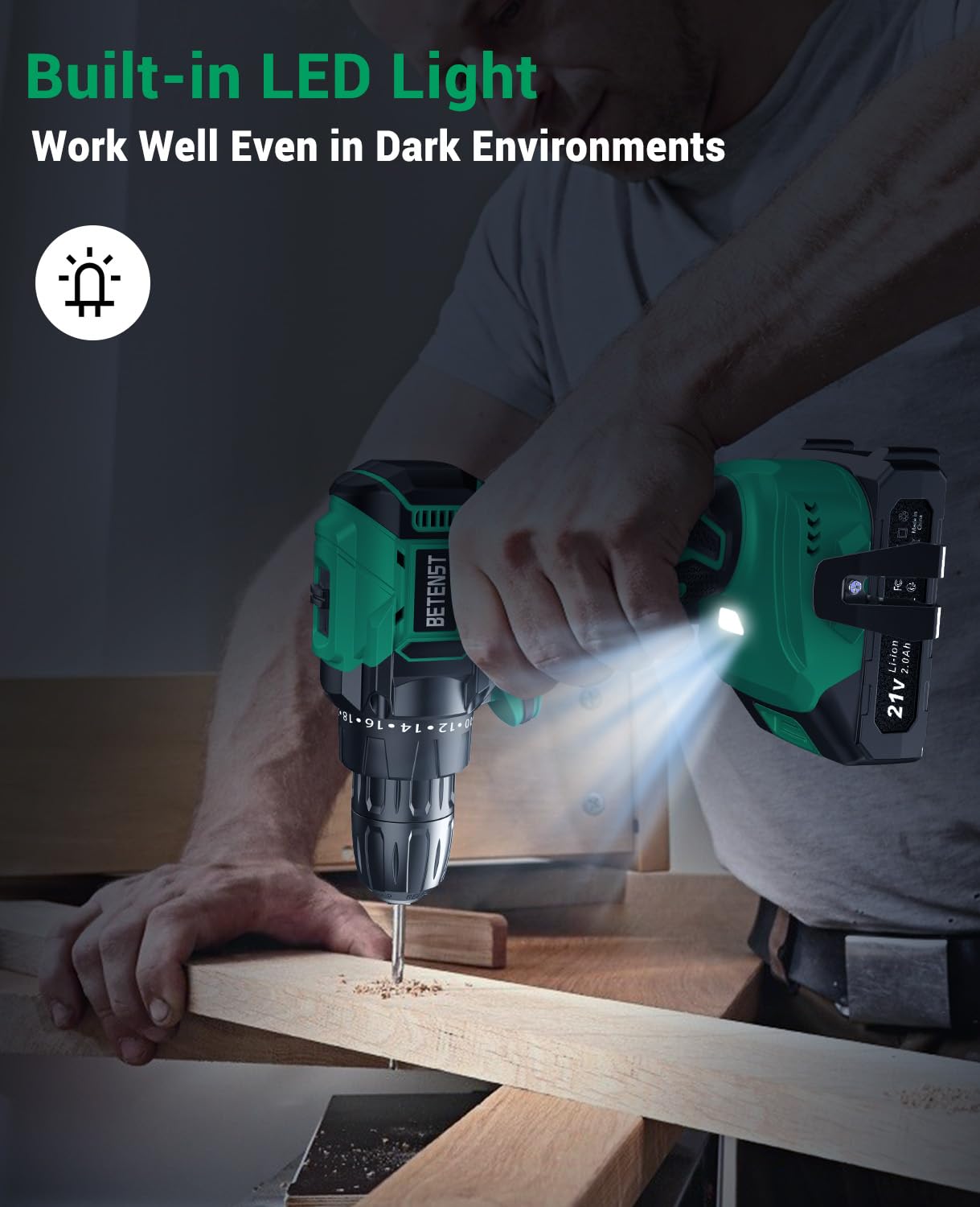 Perceuse Visseuse Sans Fil Brushless, BETENST Visseuse Devisseuse Sans Fil 21V avec Batteries 2.0Ah, 45N.m Max, 20+1 Réglages de Couple, 20 Accessoires, 2 Vitesses pour Bricolage, Vert