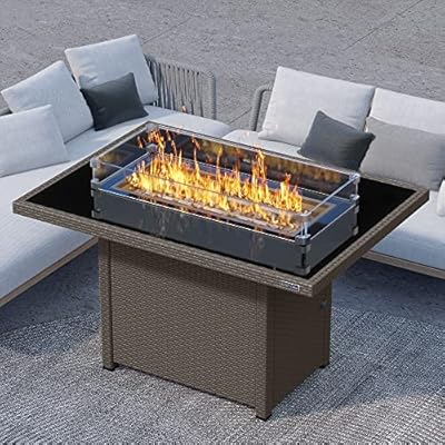 EAST OAK 44'' Propane Fire Pit Table, 60,000 BTU Gas Fire Table w/Aluminum Frame, H Type Burner and Tempered Glass Tabletop, CSA Listed Outdoor Patio Firepit with Wind Guard, Fire Glass and Lid, Brown