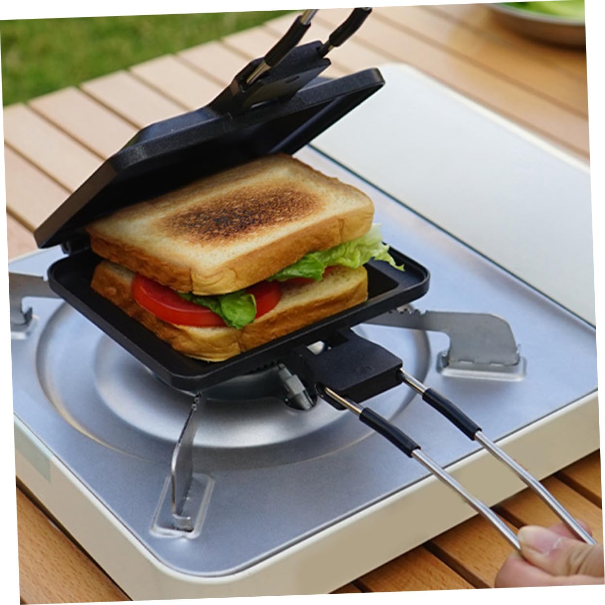 Mobestech Padella per Grigliare Panini Antiaderente a Doppia Faccia in Acciaio Inox Riscaldamento Uniforme per Colazioni e Picnic All’aperto, Utensile da Cucina Portatile e Multifunzione