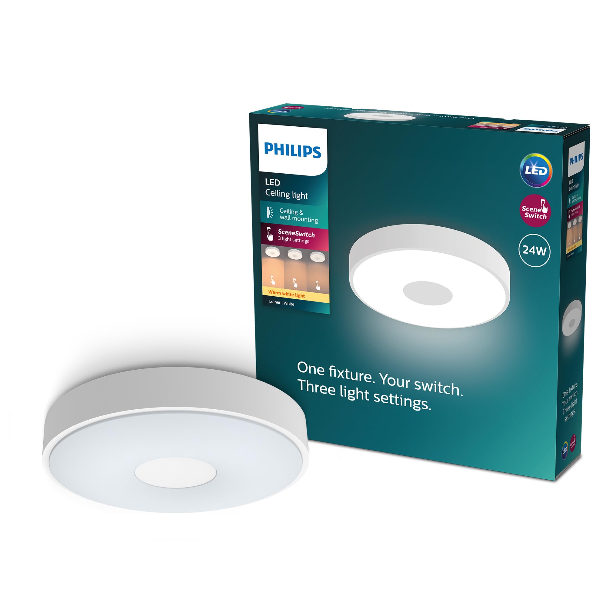 Philips Coiner LED Deckenleuchte, SceneSwitch, 24W, 2800 lm, 2700K Warmweißes LED Licht, EyeComfort, Dimmbare Deckenbeleuchtung, IP20, Rund, Weiß