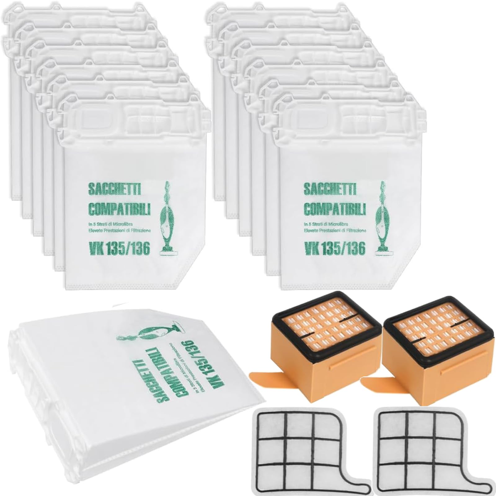 12 Staubsaugerbeutel und 2 Motorschutzfilter +2 Hygienefilter für VK Kobold VK 135 vk136