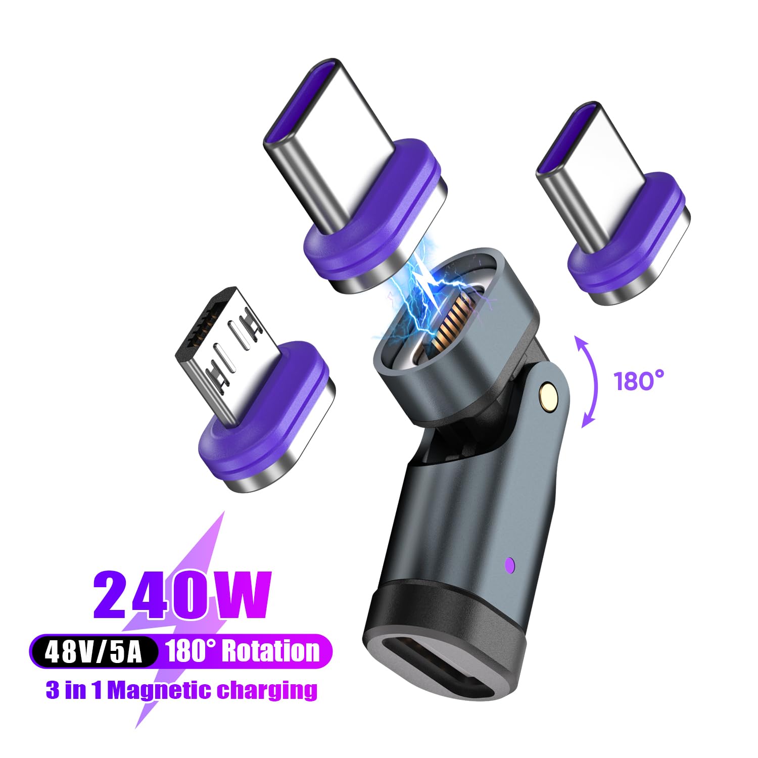 PD 240 W 16-pinowy adapter magnetyczny USB C, złącze micro USB, obracanie o 180 stopni, urządzenie ładujące USB i transmisja danych do smartfona, notebooka (końcówki magnetyczne USB C, 3 sztuki)