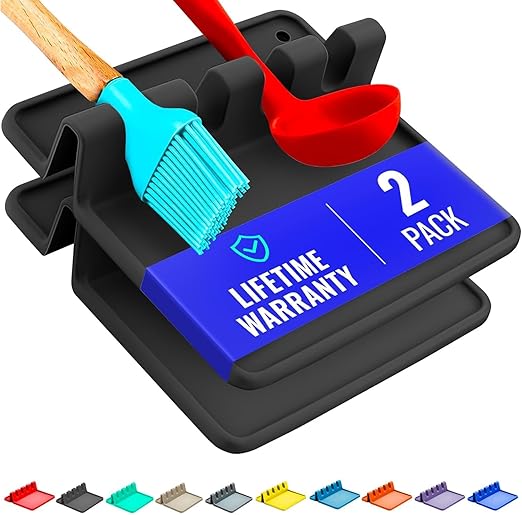 Black Silicone Spoon Rest for Stove Top with Drip Pad (Two Pack) - Heat-Resistant, BPA-Free Utensil Rest & Spoon Holder for Kitchen Counter - Grill Utensil Holder for Spatulas, Tongs, Ladles