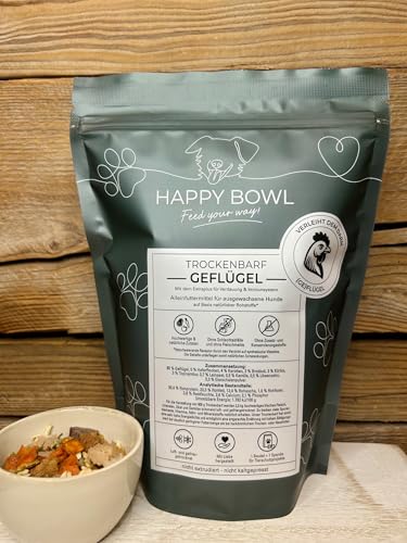 Happy Bowl - Trockenbarf Geflügel - Alleinfuttermittel für Hunde auf Basis natürlicher Inhaltsstoffe - Trockenfutter, Nassfutter oder Barf-Ersatz (500g (1er Pack))