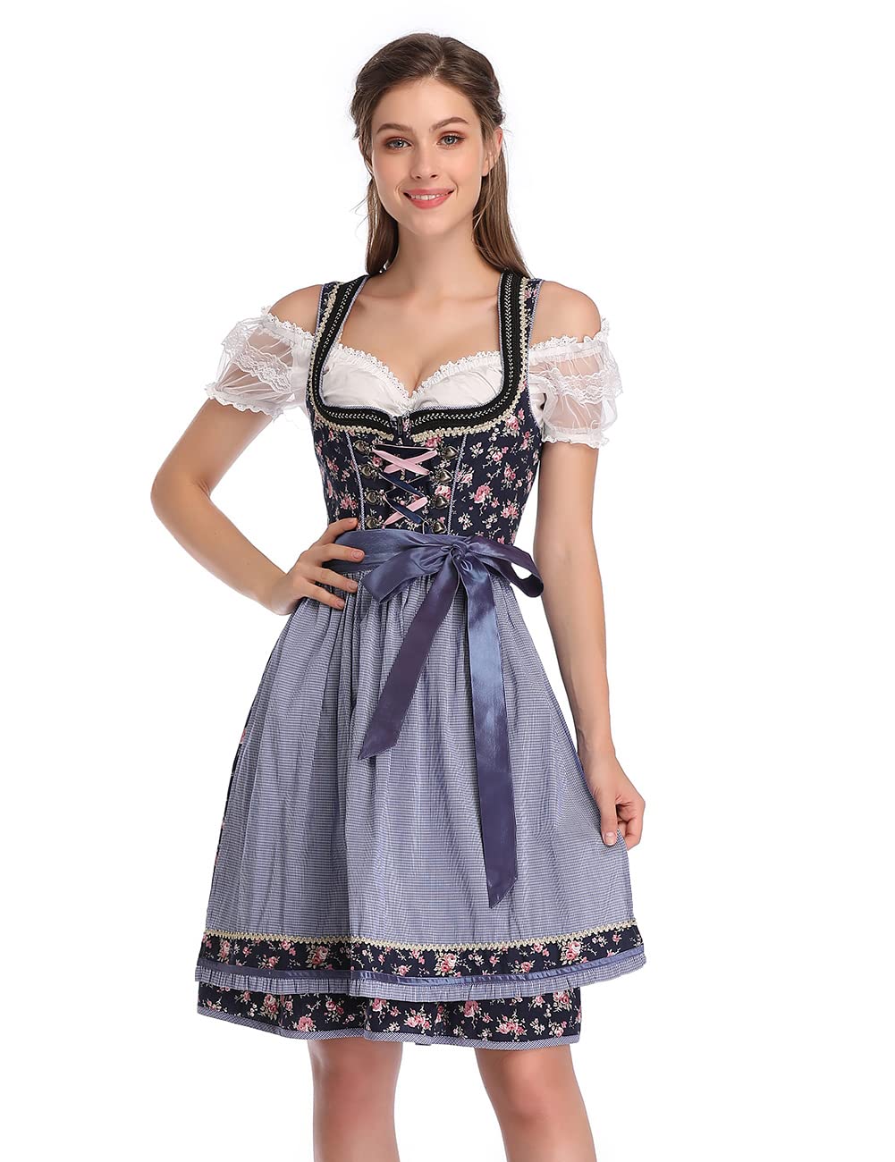 KOJOOIN Women Traditional Dirndl Oktoberfest Costume 3 Pieces Fancy Midi Skirt - Dress, Blouse, Apron