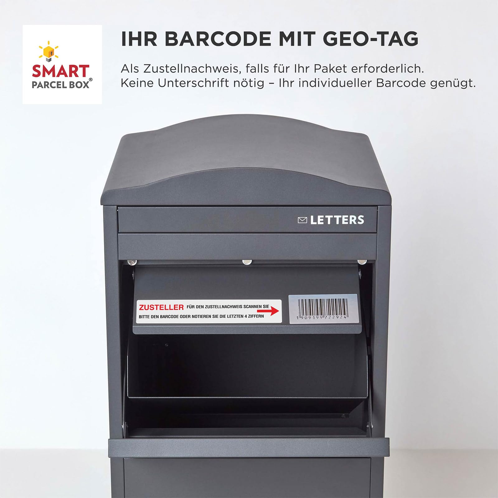 Smart Parcel Box Paketbox L mit Bogendach - Paketbriefkasten, grau | Standbriefkasten mit Paketfach, Paketbox draußen wetterfest, Front-Entnahme, verzinkter Stahl, rostfrei, pulverbeschichtet
