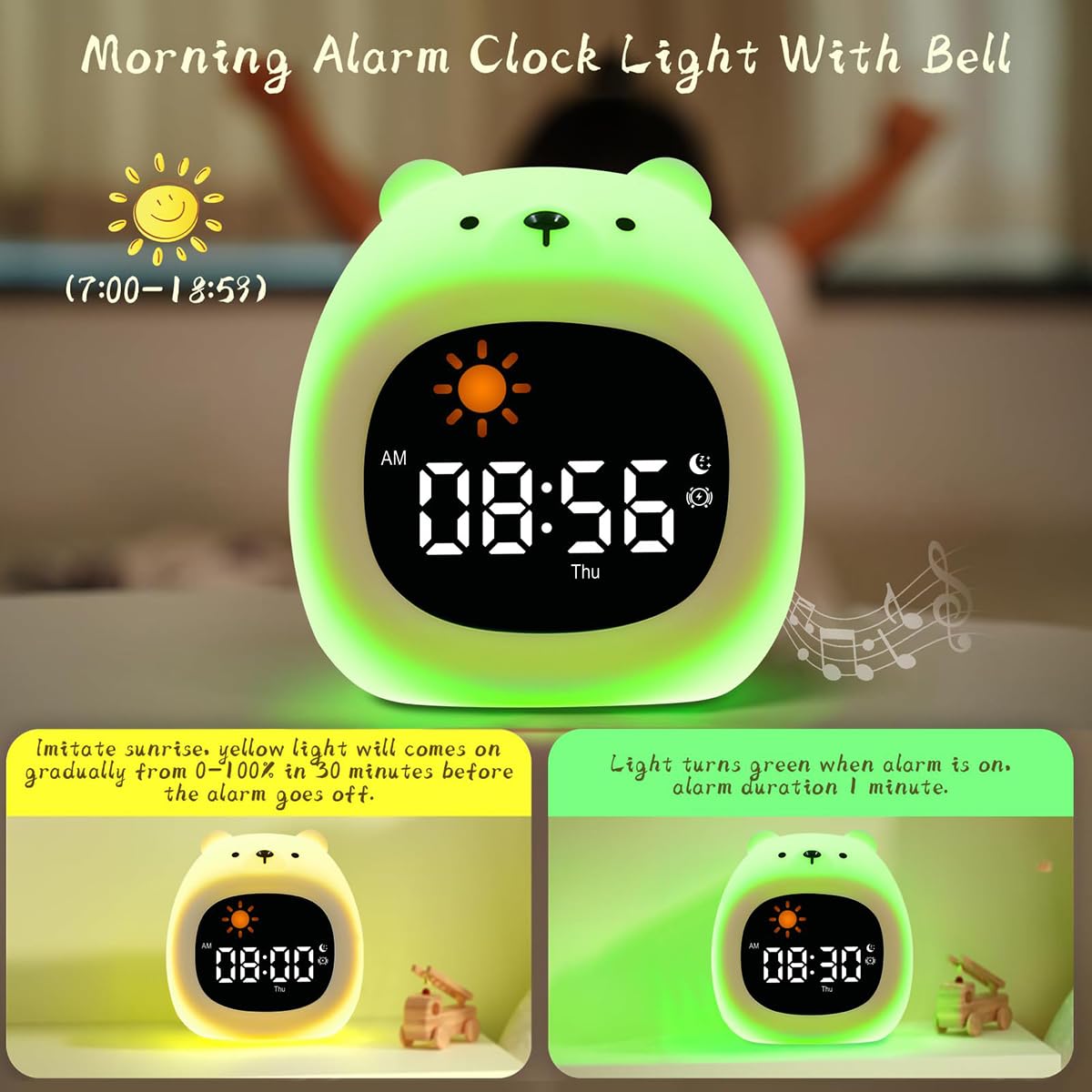 Sleep Clock Wiederaufladbarer Kinderwecker mit berührbarem Nachtlicht, 6 beruhigende weiße Rauschtöne, 1800 mAh Akku, perfekt für Jungen und Mädchen im Alter von 3–8 Jahren, ideal für Schlafzimmer und