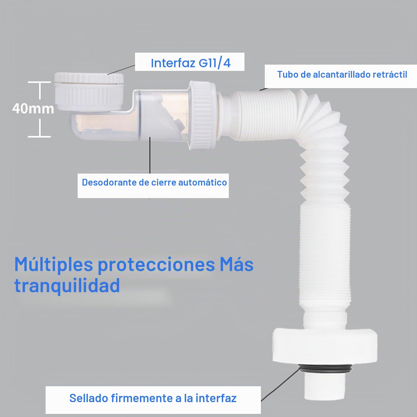 Sifón de 1 1/4 Pulgadas, Manguera de Drenaje Flexible Desagüe Antiolor Fregadero Sifón de Tubo de Reemplazable Sifón Flexible a Prueba de Olores para Baño Y Cocina, Extensible De 380-930mm