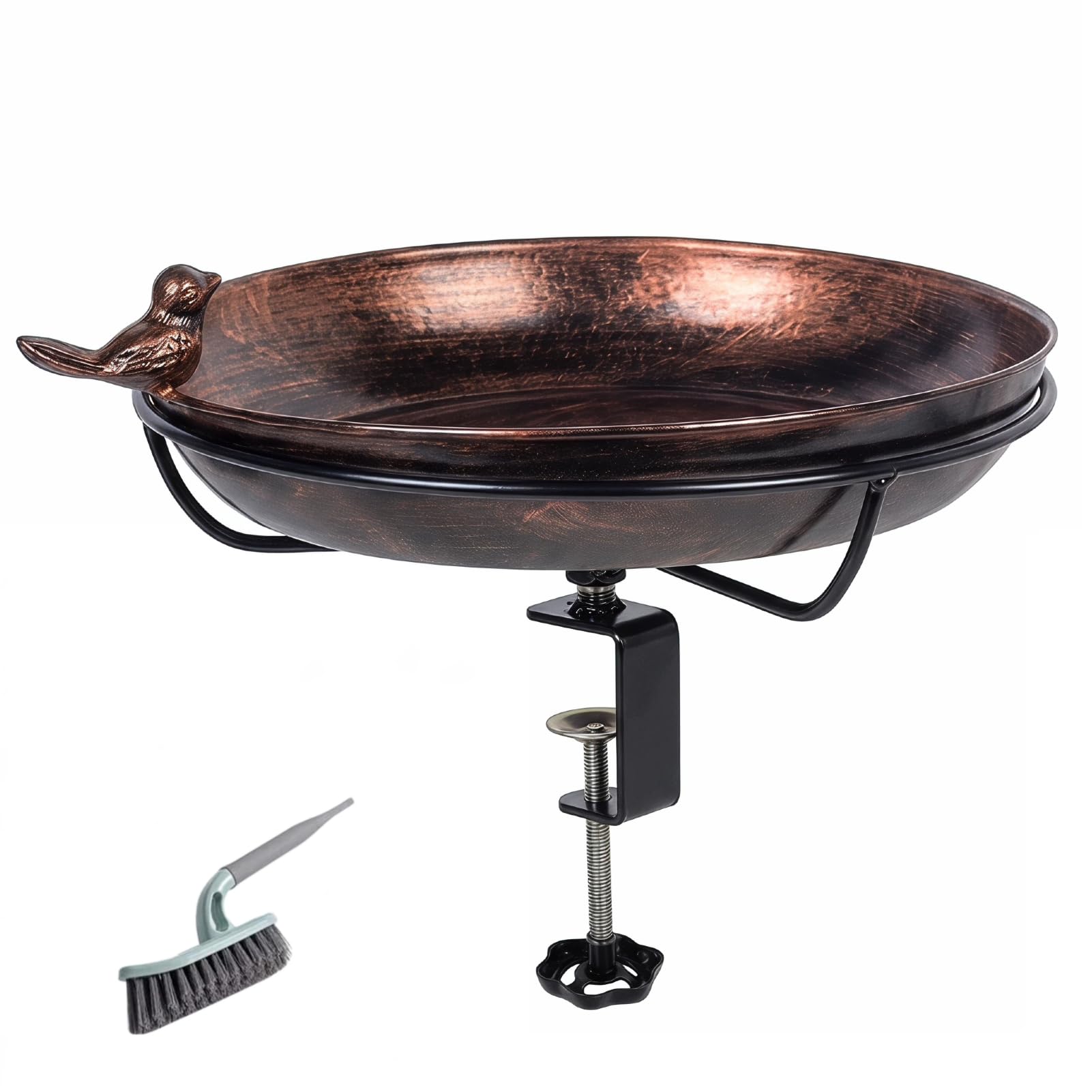 Bain Oiseaux Exterieur – Rond, en Fer avec revêtement Anti-Rouille, Support réglable sans perçage, Convient pour Balcon, Jardin et terrasse, Ø 30,5 cm, Profondeur 5 cm (Marron foncé)