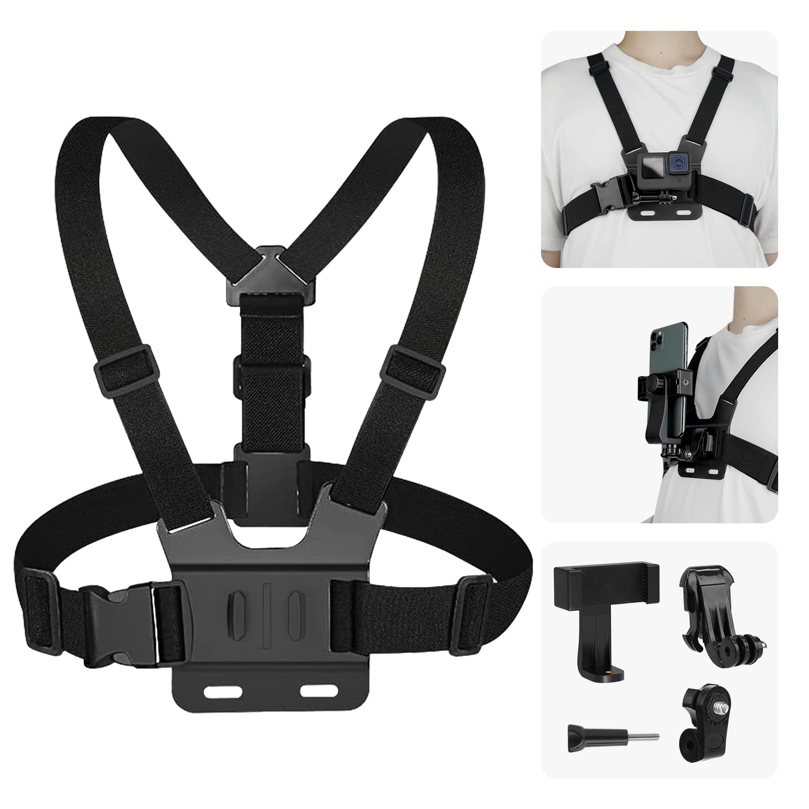 Adaptom° Harnais de Poitrine Support pour Caméras d'action et téléphones Portables, Compatible avec GoPro 13/12/11/10/9/8/7, insta360, DJI Action 5 Pro 4/3/2 Osmo et Toutes Les caméras d'action
