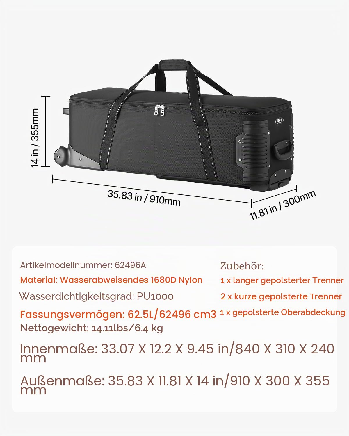 VEVOR Studio Trolley 910x300x355 mm, Transporttasche, Koffer für Studioausrüstung, Kameratasche, Studiotasche mit Rollen, Riemen, gepolstertem Fach, Griff, für Lichtstative, Stative, Teleskope