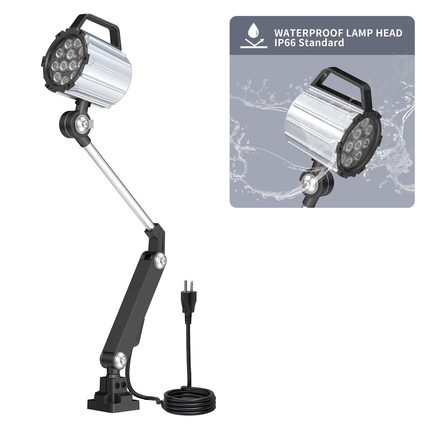 Maschinenleuchte, 18 W, 1800 Lumen, LED, Aluminium, grau, industriell, IP66 wasserdicht, 140 cm Kabel, 110–220 V