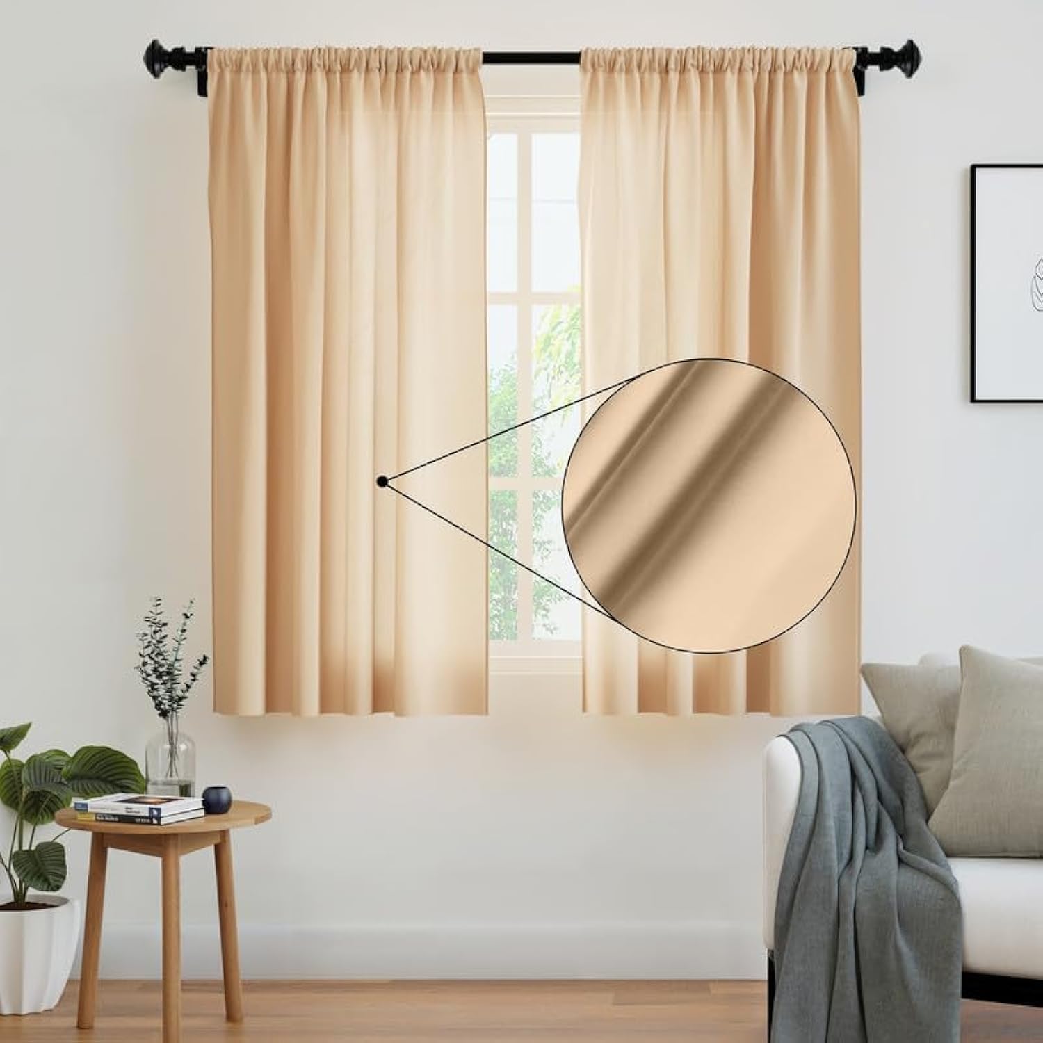 Encasa XO Polyester Solid Semi Sheer Curtains with Tie Back, 5 Ft Window Panel Set of 2 - Beige, Rod Pocket, Light-Filtering, Curtains for Door, Bedroom, Living Room