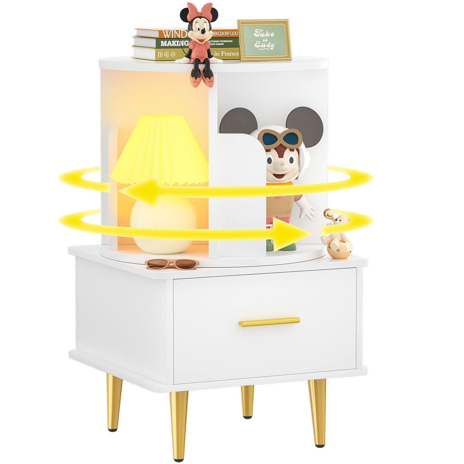 Cyclysio Rotating Bookshelf, 360 Display Book Shelf Tower with Drawer, 2 Tier Corner Bookcase with Stoarge Rack, Wood Narrow Book Shelf for Small Space, Bedroom, Living Room,White