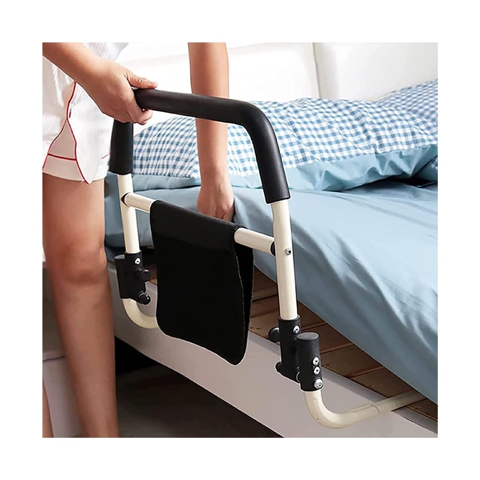 Guida di supporto letto in acciaio al carbonio | Sponda letto pieghevole in acciaio al carbonio con tasca portaoggetti: sponda for assistenza medica