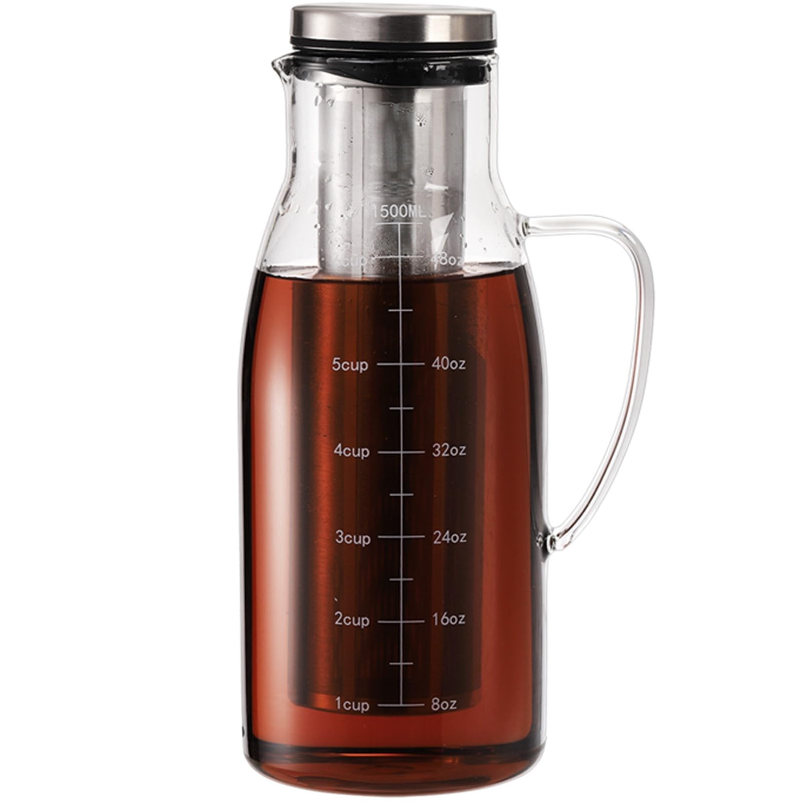 Tebery Jarra de café helado Cold Brew con filtro de acero inoxidable extraíble y tapa, jarra de vidrio de 1,5 L/1,445.8 g con boquilla para café, té helado, bebidas de frutas, limonada