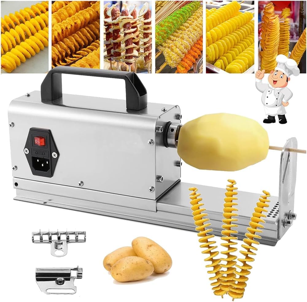 ASerZenith Electric Spiral Potato Cutter, 3-In-1 Manual Twisted Slicer For Tornado Chips, Stainless Steel Commercial French Fry Maker
