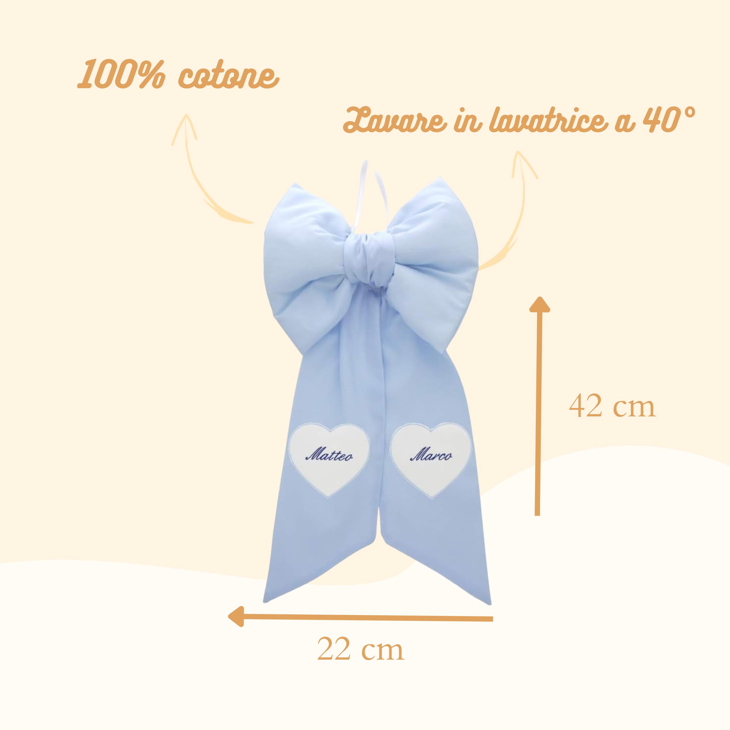 COCCOLE - Fiocco Nascita Bimbo Personalizzato Gemellare Azzurro - Fiocco Nascita per Gemelli in Tessuto Cotone Piquet - Fiocco Nascita Bimbo Personalizzato da Appendere in Casa e Regalare