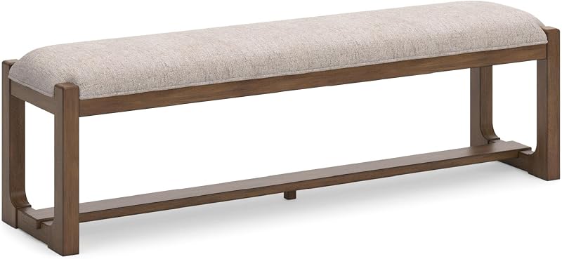 Signature Design by Ashley Cabalynn Farmhouse Upholstered Dining Bench, Foam Cushion, Hardwood Solids, 63.5" W x 16.5" D x 19.75" H, Beige & Light Brown | Hardwood solids and MDF substrates, Comfortable modern farmhouse seating, Versatile 63-inch profile, Cabalynn Series