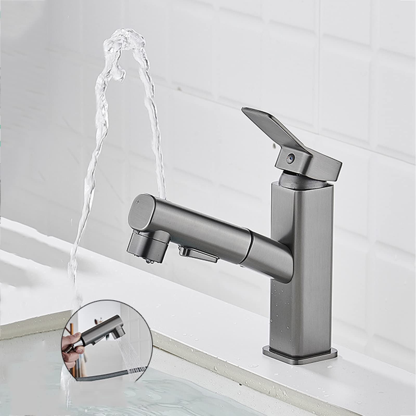 Trek Tap multifunctionele wastafelkranen warm en koud spatbestendige badkamer wastafel kranen met 3 modi, grijs
