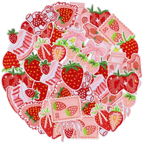 Suncalla 48 Pcs Strawberry Iron on Patches Cute Strawberry Fruit Cake Bow Patches Pink Red Coquette Aesthetic DIY Sew on Repair Decals Stickers Embroidered Applique for Clothes Hats Jeans T-Shirts