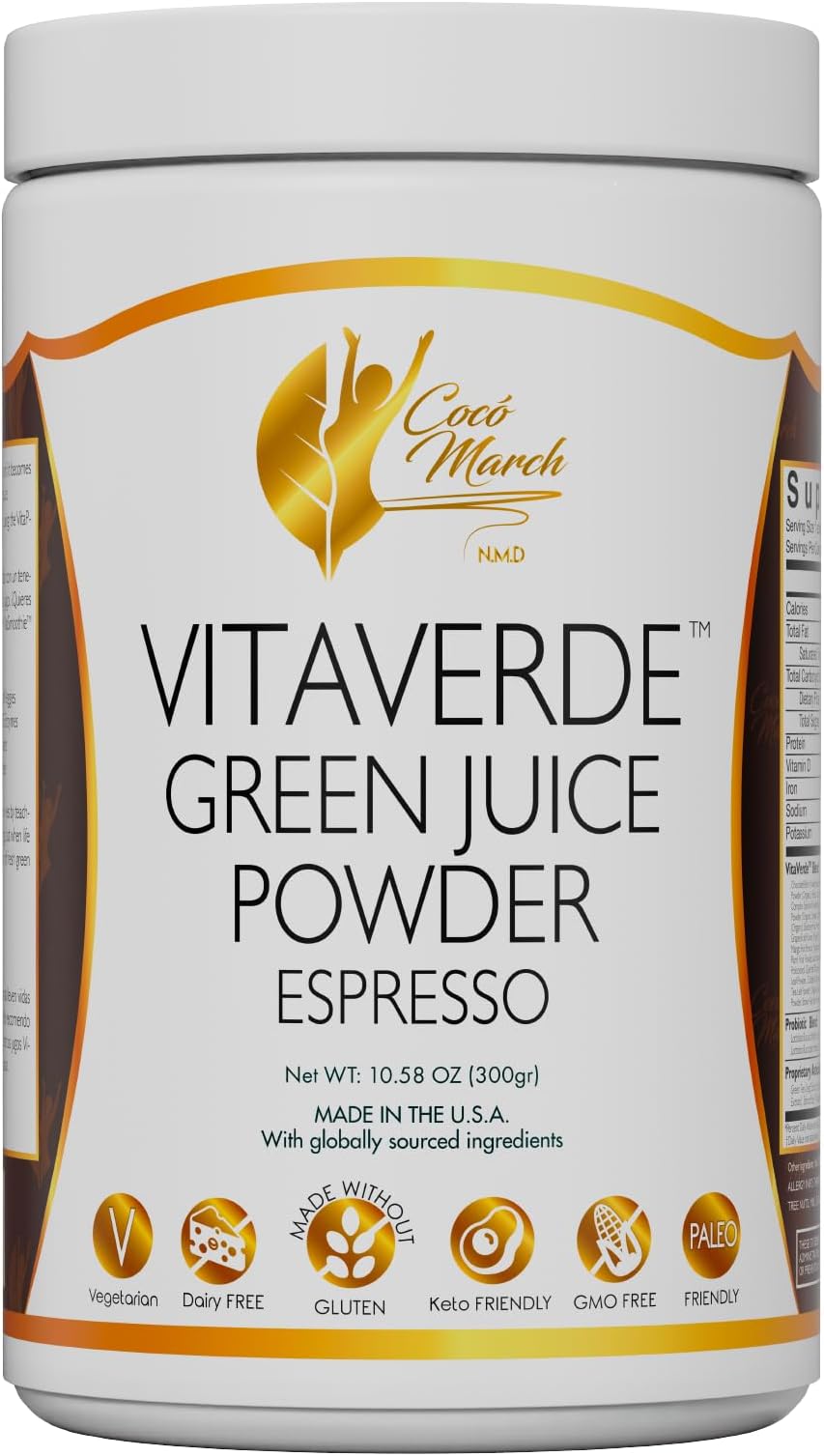 Coco March VitaVerde Green Juice Powder 50 Superfoods, Enzymes & Probiotics- Espresso Flavor, Organic Plants - Vegan, Paleo Friendly, Dairy Free, Keto Friendly, GMO Free, 10.58 oz, 300 g